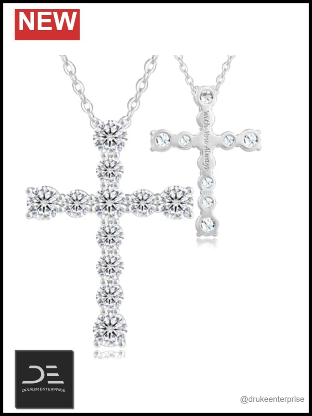 Moissanite Sterling Silver Cross Pendant Necklace, D-Color VVS1, Engraved, 20